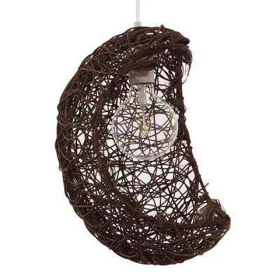 Boho κρεμαστό φωτιστικό CRESCENT μονόφωτο καφέ σκούρο ξύλινο ψάθινο RATTAN 1 x E27 AC 220-240V