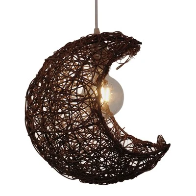 Boho κρεμαστό φωτιστικό CRESCENT μονόφωτο καφέ σκούρο ξύλινο ψάθινο RATTAN 1 x E27 AC 220-240V