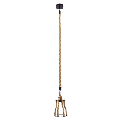 GloboStar® LANTERN 01186 Vintage Κρεμαστό Φωτιστικό Ανάρτηση Μονόφωτο 1 x E27 IP20 Μαύρο & Χρυσό Μέταλλο με Μπεζ Σχοινί - Μ15 x Π15 x Υ24cm