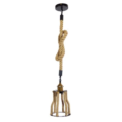 GloboStar® LANTERN 01186 Vintage Κρεμαστό Φωτιστικό Ανάρτηση Μονόφωτο 1 x E27 IP20 Μαύρο & Χρυσό Μέταλλο με Μπεζ Σχοινί - Μ15 x Π15 x Υ24cm