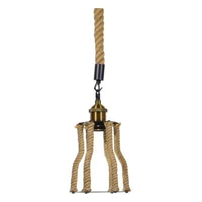 GloboStar® LANTERN 01186 Vintage Κρεμαστό Φωτιστικό Ανάρτηση Μονόφωτο 1 x E27 IP20 Μαύρο & Χρυσό Μέταλλο με Μπεζ Σχοινί - Μ15 x Π15 x Υ24cm
