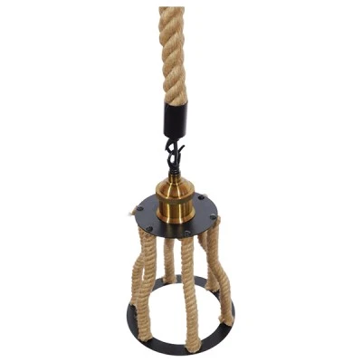 GloboStar® LANTERN 01186 Vintage Κρεμαστό Φωτιστικό Ανάρτηση Μονόφωτο 1 x E27 IP20 Μαύρο & Χρυσό Μέταλλο με Μπεζ Σχοινί - Μ15 x Π15 x Υ24cm