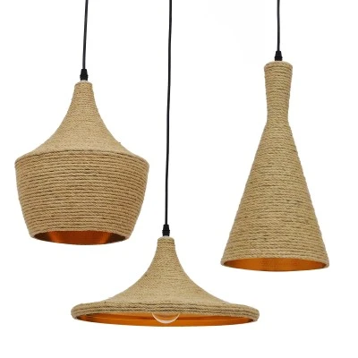 Κρεμαστό Φωτιστικό SHANGHAI ROPE 3xE27 Μπεζ & Χρυσό Μ81xΠ81xΥ39cm – Σετ 3 Τεμαχίων