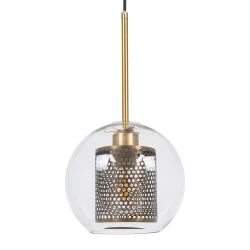 Μοντέρνο κρεμαστό φωτιστικό οροφής AVERY 1ΧΕ27 AC 220-240V με διάφανο γυαλί & χρυσό μεταλλικό πλέγμα Φ18xΥ38cm