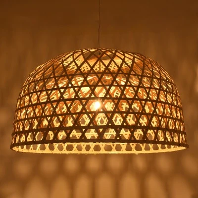 Boho κρεμαστό φωτιστικό MANGEA καφέ ξύλινο Bamboo Φ100 μονόφωτο για λάμπα με ντουί Ε27