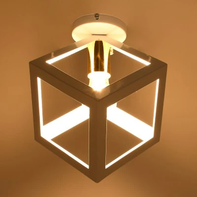 Μοντέρνο φωτιστικό οροφής CUBE μονόφωτο 1xE27 IP20 λευκό μεταλλικό κύβος πλέγμα με χρυσό ντουί 25x25x25cm