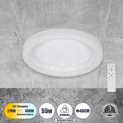 LED πλαφονιέρα οροφής MELINA λευκός κύκλος 55W 6376lm 120° CCT 2700K-4500K-6000K εναλλασσόμενου φωτισμού με τηλεχειριστήριο dimmable Φ48cm AC 220-240V IP20 Φ48xY9cm