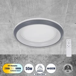 LED πλαφονιέρα οροφής MELINA ανθρακί κύκλος 55W 6376lm 120° CCT 2700K-4500K-6000K εναλλασσόμενου φωτισμού με τηλεχειριστήριο dimmable Φ48cm AC 220-240V IP20 Φ48xY9cm