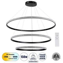 Κρεμαστό Φωτιστικό Δαχτυλίδι-Κύκλος LED DIAMOND TRIO CCT 150W 18379lm 360° AC 220-240V - Εναλλαγή Φωτισμού μέσω Τηλεχειριστηρίου All In One- Μαύρο