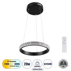 Κρεμαστό φωτιστικό DIAMOND κύκλος LED σε μαύρο χρώμα με εφέ διαμαντιού CCT 20W 2356lm 360° με ρύθμιση φωτισμού Dimmable Φ25cm Μ25 x Π25 x Υ3cm
