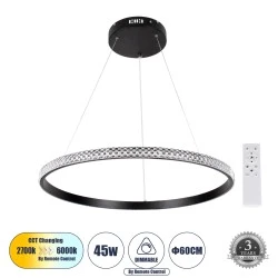 Κρεμαστό Φωτιστικό Δαχτυλίδι-Κύκλος LED DIAMOND CCT 45W 5230lm 360° AC 220-240V - Εναλλαγή Φωτισμού μέσω Τηλεχειριστηρίου All In One - Μαύρο 