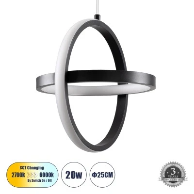 Κρεμαστό Φωτιστικό Οροφής Design LED CCT 20W 2400lm 300° AC 220-240V - Εναλλαγή Φωτισμού μέσω Διακόπτη On/Off All In One  Μ25 x Π22 x Υ25cm - Μαύρο