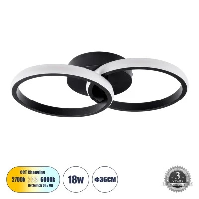 Φωτιστικό οροφής CORA 61058 LED CCT 18W 2160 lm 300° AC 220-240V Ρυθμιζόμενο Λευκό CCT με On/Off SMD Chip - Μαύρο Ματ - Μ36 x Π20.5 x Υ7cm GloboStar® CORA 61058 Φωτιστικό Οροφής Design LED CCT 18W 2160lm 300° AC 220-240V - Εναλλαγή Φωτισμού μέσω Διακόπτη On/Off All In One Ψυχρό 6000k+Φυσικό 4500k+Θερμό 2700k Μ36 x Π20.5 x Υ7cm - Μαύρο