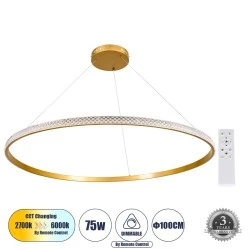 Κρεμαστό Φωτιστικό Δαχτυλίδι-Κύκλος LED DIAMOND CCT 75W 8743lm 360° AC 220-240V - Εναλλαγή Φωτισμού μέσω Τηλεχειριστηρίου All In One - Χρυσό Βούρτσας