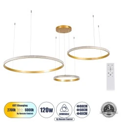 Κρεμαστό Φωτιστικό Δαχτυλίδι-Κύκλος LED DIAMOND TRIO CCT 120W 14723lm 360° AC 220-240V - Εναλλαγή Φωτισμού μέσω Τηλεχειριστηρίου All In One- Χρυσό Βούρτσας