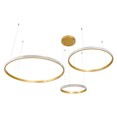 GloboStar® DIAMOND TRIO 61145 Κρεμαστό Φωτιστικό Δαχτυλίδι-Κύκλος LED CCT 120W 14723lm 360° AC 220-240V - Εναλλαγή Φωτισμού μέσω Τηλεχειριστηρίου All In One Ψυχρό 6000k+Φυσικό 4500k+Θερμό 2700k Dimmable Φ40+60+80cm - Χρυσό Βούρτσας - 3 Years Warranty