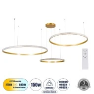 Κρεμαστό Φωτιστικό Δαχτυλίδι-Κύκλος LED DIAMOND TRIO CCT 150W 18379lm 360° AC 220-240V - Εναλλαγή Φωτισμού μέσω Τηλεχειριστηρίου All In One- Χρυσό Βούρτσας 