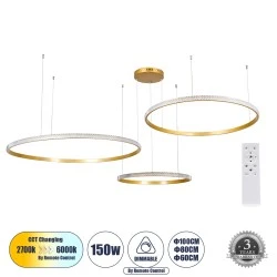 Κρεμαστό Φωτιστικό Δαχτυλίδι-Κύκλος LED DIAMOND TRIO CCT 150W 18379lm 360° AC 220-240V - Εναλλαγή Φωτισμού μέσω Τηλεχειριστηρίου All In One- Χρυσό Βούρτσας 