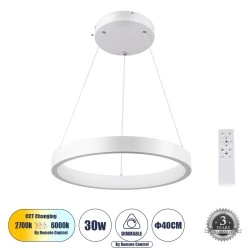 Κρεμαστό Φωτιστικό NEMESIS Δαχτυλίδι-Κύκλος LED CCT 30W 3513lm 360° AC 220-240V - Εναλλαγή Φωτισμού μέσω Τηλεχειριστηρίου All In One -Dimmable Φ40cm - Λευκό