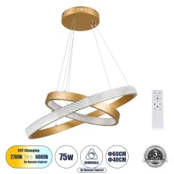 Κρεμαστό Φωτιστικό Δαχτυλίδι-Κύκλος LED DIAMOND DUO CCT 75W 8743lm 360° AC 220-240V - Εναλλαγή Φωτισμού μέσω Τηλεχειριστηρίου All In One - Χρυσό Βούρτσας