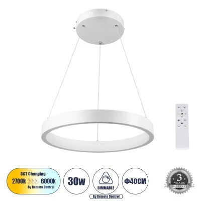 Κρεμαστό Φωτιστικό NEMESIS Δαχτυλίδι-Κύκλος LED CCT 30W 3513lm 360° AC 220-240V - Εναλλαγή Φωτισμού μέσω Τηλεχειριστηρίου All In One -Dimmable Φ40cm - Λευκό GloboStar® NEMESIS 61156 Κρεμαστό Φωτιστικό Δαχτυλίδι-Κύκλος LED CCT 30W 3513lm 360° AC 220-240V - Εναλλαγή Φωτισμού μέσω Τηλεχειριστηρίου All In One Ψυχρό 6000k+Φυσικό 4500k+Θερμό 2700k Dimmable Φ40cm - Λευκό - 3 Years Warranty