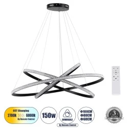 Κρεμαστό Φωτιστικό Δαχτυλίδι-Κύκλος LED DIAMOND TRIO CCT 150W 18379lm 360° AC 220-240V - Εναλλαγή Φωτισμού μέσω Τηλεχειριστηρίου All In One - Μαύρο 