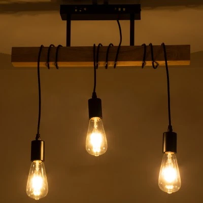GloboStar® JOLLY 00605 Vintage Κρεμαστό Φωτιστικό Ανάρτηση Τρίφωτο 3 x E27 IP20 Μαύρο Μέταλλο, Καφε Ξύλο με Μαύρο Πλαστικό - Μ55 x Π6 x Υ30cm έως Y115cm max