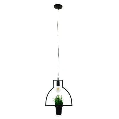 GloboStar® FLOWERPOT 10001209 Μοντέρνο Κρεμαστό Φωτιστικό Οροφής Μονόφωτο 1 x E27 Μαύρο Μεταλλικό με Διακοσμητικό Φυτό Φ34 x Y34cm