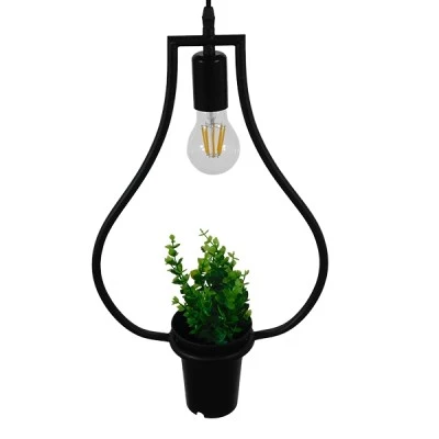 GloboStar® FLOWERPOT 10001210 Μοντέρνο Κρεμαστό Φωτιστικό Οροφής Μονόφωτο 1 x E27 Μαύρο Μεταλλικό με Διακοσμητικό Φυτό Φ27 x Y40cm