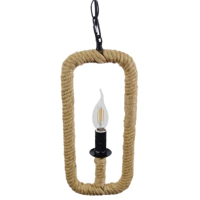 GloboStar® LINDELL 10001110 Vintage Κρεμαστό Φωτιστικό Ανάρτηση Μονόφωτο 1 x E14 IP20 Μαύρο Μέταλλο με Μπεζ Σχοινί - Μ18 x Π18 x Υ33cm
