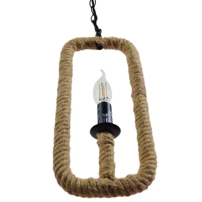 GloboStar® LINDELL 10001110 Vintage Κρεμαστό Φωτιστικό Ανάρτηση Μονόφωτο 1 x E14 IP20 Μαύρο Μέταλλο με Μπεζ Σχοινί - Μ18 x Π18 x Υ33cm