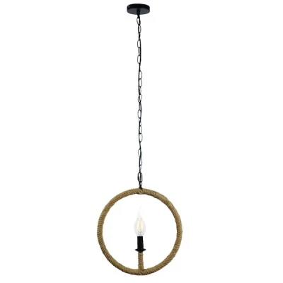 GloboStar® LINDELL 10001111 Vintage Κρεμαστό Φωτιστικό Ανάρτηση Μονόφωτο 1 x E27 IP20 Μαύρο Μέταλλο με Μπεζ Σχοινί - Μ33 x Π33 x Υ33cm