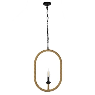 GloboStar® LINDELL 10001142 Vintage Κρεμαστό Φωτιστικό Ανάρτηση Μονόφωτο 1 x E27 IP20 Μαύρο Μέταλλο με Μπεζ Σχοινί - Μ35 x Π10 x Υ53cm
