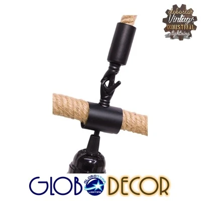 GloboStar® MALVERN 10001239 Vintage Κρεμαστό Φωτιστικό Ανάρτηση Μονόφωτο 1 x E27 IP20 Μαύρο Μέταλλο με Μπεζ Σχοινί - Μ34 x Π22 x Υ34cm