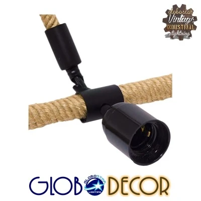 GloboStar® MALVERN 10001240 Vintage Κρεμαστό Φωτιστικό Ανάρτηση Μονόφωτο 1 x E27 IP20 Μαύρο Μέταλλο με Μπεζ Σχοινί - Μ33 x Π22 x Υ33cm