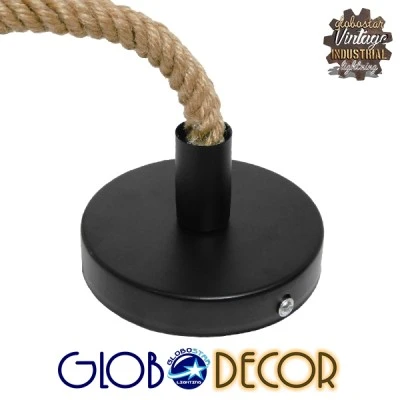 GloboStar® MALVERN 10001240 Vintage Κρεμαστό Φωτιστικό Ανάρτηση Μονόφωτο 1 x E27 IP20 Μαύρο Μέταλλο με Μπεζ Σχοινί - Μ33 x Π22 x Υ33cm