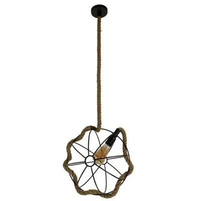 GloboStar® BRADLEY 10001328 Vintage Κρεμαστό Φωτιστικό Πλέγμα Μονόφωτο 1 x E27 IP20 Μπεζ Σχοινί, Πράσινο Πλαστικό με Μαύρο Μέταλλο - Μ33 x Π33 x Υ33cm