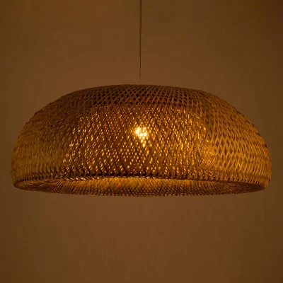 GloboStar® SAN TROPEZ 00674 Boho Κρεμαστό Φωτιστικό Ανάρτηση Μονόφωτο 1 x E27 IP20 Μπεζ Ξύλο - Μ80 x Π80 x Y28cm
