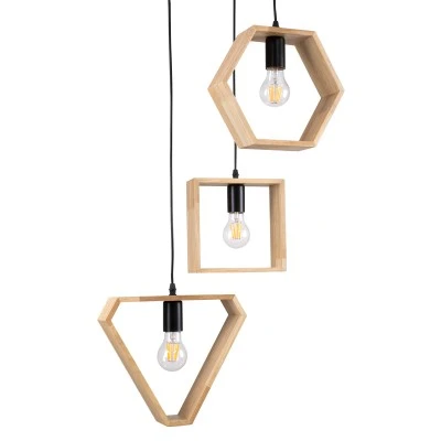 GloboStar® ELISE 00683 Μοντέρνο Κρεμαστό Φωτιστικό Ανάρτηση Τρίφωτο 3 x E27 IP20 Μπεζ Ξύλο με Μαύρο Μέταλλο - Μ55 x Π55 x Υ130cm