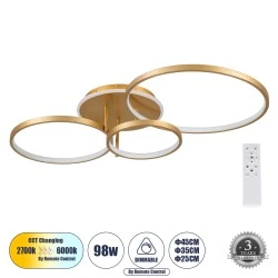 Μοντέρνο Φωτιστικό Οροφής LED NEMESIS 98W 11858lm 360° AC 220-240V IP20 Ρυθμιζόμενο Λευκό CCT με Χειριστήριο , SMD Chip - Χρυσό Βούρτσας - Μ89 x Π60 x Υ19cm 