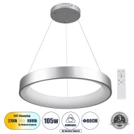 Κρεμαστή Πλαφονιέρα SALEM Δαχτυλίδι-Κύκλος LED CCT 105W 12075lm 120° AC 220-240V - Εναλλαγή Φωτισμού μέσω Τηλεχειριστηρίου All In One Dimmable Φ60cm - Ασημί 