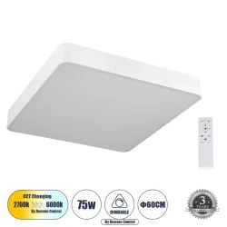Μοντέρνο Φωτιστικό Οροφής LED KAMALA 75W 8625lm 120° AC 220-240V IP20 Ρυθμιζόμενο Λευκό CCT με Χειριστήριο,SMD Chip - Λευκό Ματ - Μ60 x Π60 x Υ8cm