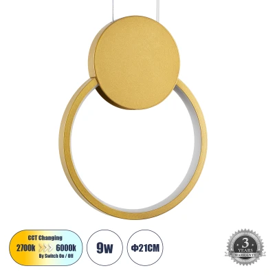 Φωτιστικό CYCLOS κρεμαστό led Design CCT 9W 1080lm με γωνία διάχυσης 300° AC 220-240V και εναλλαγή φωτισμού σε χρυσό χρώμα Φωτιστικό CYCLOS κρεμαστό led Design CCT 9W 1080lm με γωνία διάχυσης 300° AC 220-240V και εναλλαγή φωτισμού σε χρυσό χρώμα