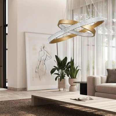 GloboStar® DIAMOND DUO 61151-DECO Κρεμαστό Φωτιστικό Δαχτυλίδι-Κύκλος LED CCT 75W 8743lm 360° AC 220-240V - Εναλλαγή Φωτισμού μέσω Τηλεχειριστηρίου All In One Ψυχρό 6000k+Φυσικό 4500k+Θερμό 2700k Dimmable Φ40+60cm - Χρυσό Βούρτσας - 3 Years Warranty