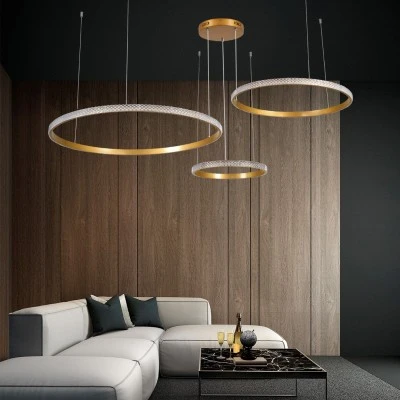 GloboStar® DIAMOND TRIO 61145 Κρεμαστό Φωτιστικό Δαχτυλίδι-Κύκλος LED CCT 120W 14723lm 360° AC 220-240V - Εναλλαγή Φωτισμού μέσω Τηλεχειριστηρίου All In One Ψυχρό 6000k+Φυσικό 4500k+Θερμό 2700k Dimmable Φ40+60+80cm - Χρυσό Βούρτσας - 3 Years Warranty