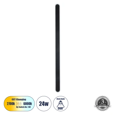 Μοντέρνο φωτιστικό τοίχου LED kelvo® HOUSTON 24W 2880lm 360° AC 220-240V IP20 ρυθμιζόμενο λευκό CCT με εναλλαγή χρωμάτων από 2700K έως 6000K μαύρο ματ 6x3x100cm 61349 GloboStar® HOUSTON 61349 Φωτιστικό Τοίχου - Απλίκα Design LED CCT 24W 2880lm 360° AC 220-240V - Εναλλαγή Φωτισμού μέσω Διακόπτη On/Off All In One Ψυχρό 6000k+Φυσικό 4500k+Θερμό 2700k Μ6 x Π3 x Υ100cm - Μαύρο - 3 Years Warranty