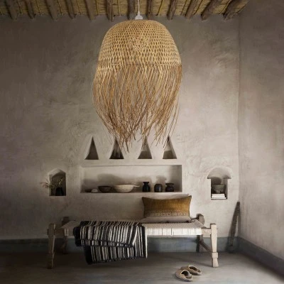 Boho Κρεμαστό Φωτιστικό Οροφής με Ντουί 1 x E27 AC 220-240V IP20 - Μπεζ - Μ50 x Π50 x Υ70cm GloboStar® MANILA 00713 Boho Κρεμαστό Φωτιστικό Πλέγμα Μονόφωτο 1 x E27 IP20 Μπέζ Ξύλο - Μ50 x Π50 x Υ70cm