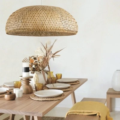 GloboStar® SAN TROPEZ 00674 Boho Κρεμαστό Φωτιστικό Ανάρτηση Μονόφωτο 1 x E27 IP20 Μπεζ Ξύλο - Μ80 x Π80 x Y28cm