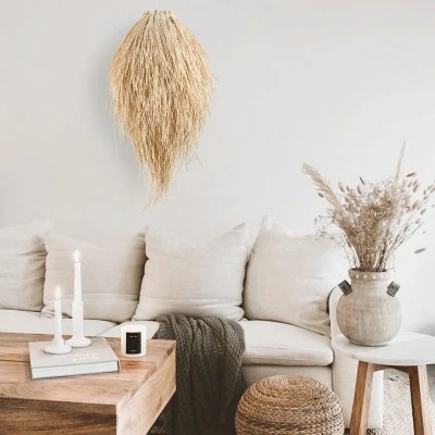 Boho Κρεμαστό Φωτιστικό Οροφής Μονόφωτο 1 x E27 Μπεζ Μπαμπού Πλέγμα Φ30 x Υ63cm