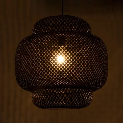 GloboStar® MALDIVES 00579 Boho Κρεμαστό Φωτιστικό Πλέγμα Μονόφωτο 1 x E27 IP20 Μαύρο Ξύλο - Μ56 x Π56 x Y54cm